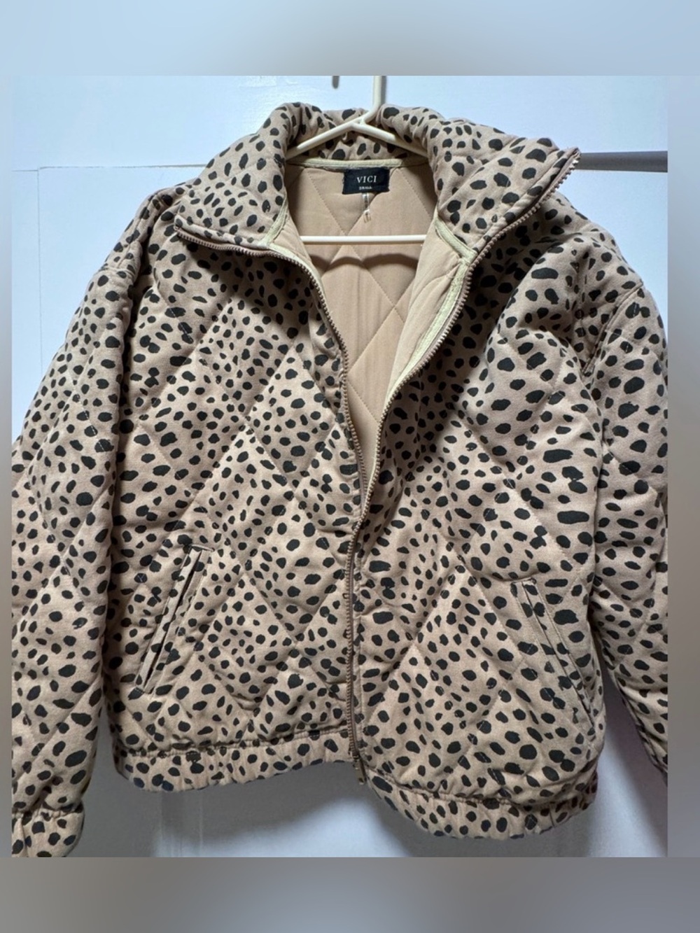 VICI Beige Leopard Print Quilted Puffer Jacket